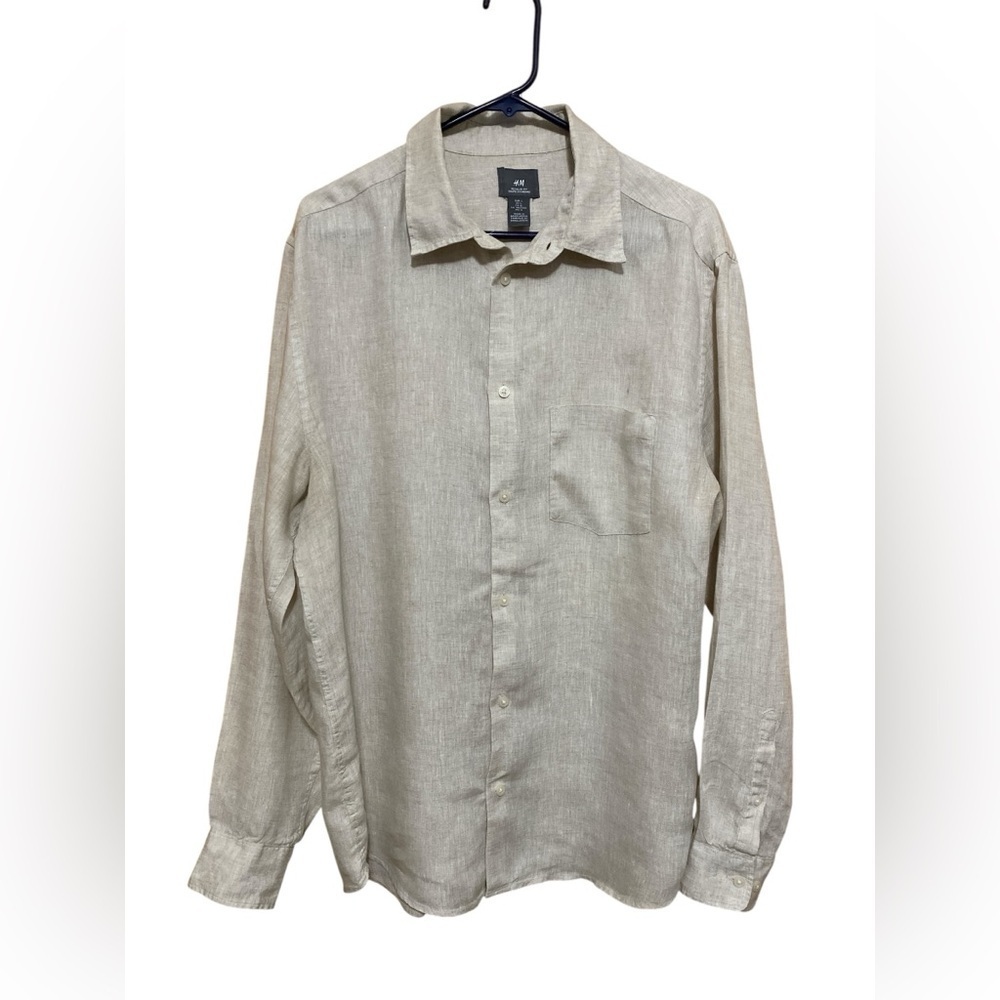 H&M Men's Long Sleeve Button-Down Linen Shirt in Light Beige
